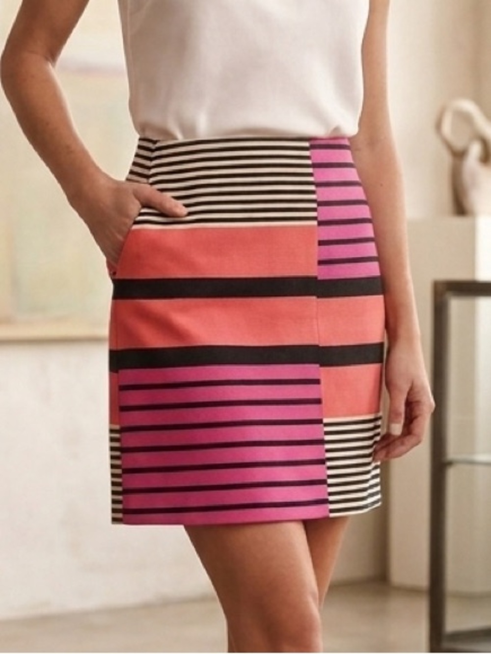 LOFT NWT Pink & Black Striped Block Mini Skirt - Picture 1 of 9